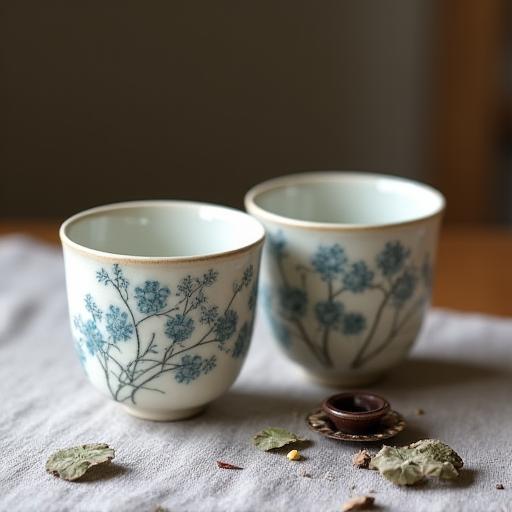 A pair of Japanese teacups (yunomi) with hand-painted motifs.